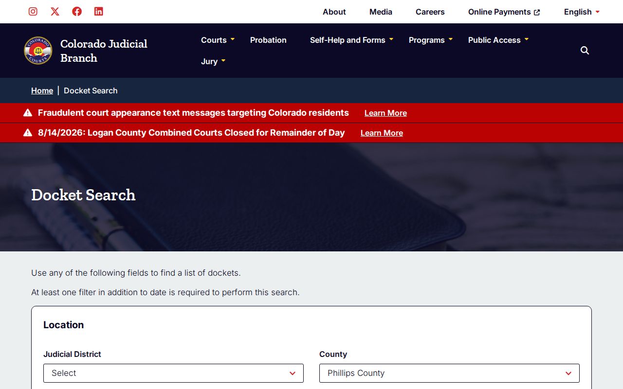 Phillips County court schedule on the Colorado Judicial Docket Search